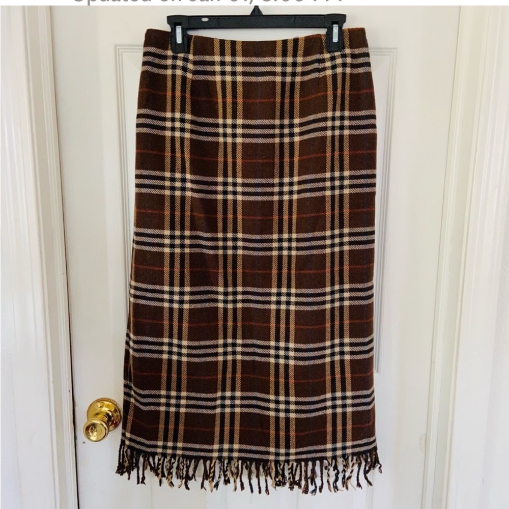 WORTHINGTON plaid brown blanket fringe wool midi skirt